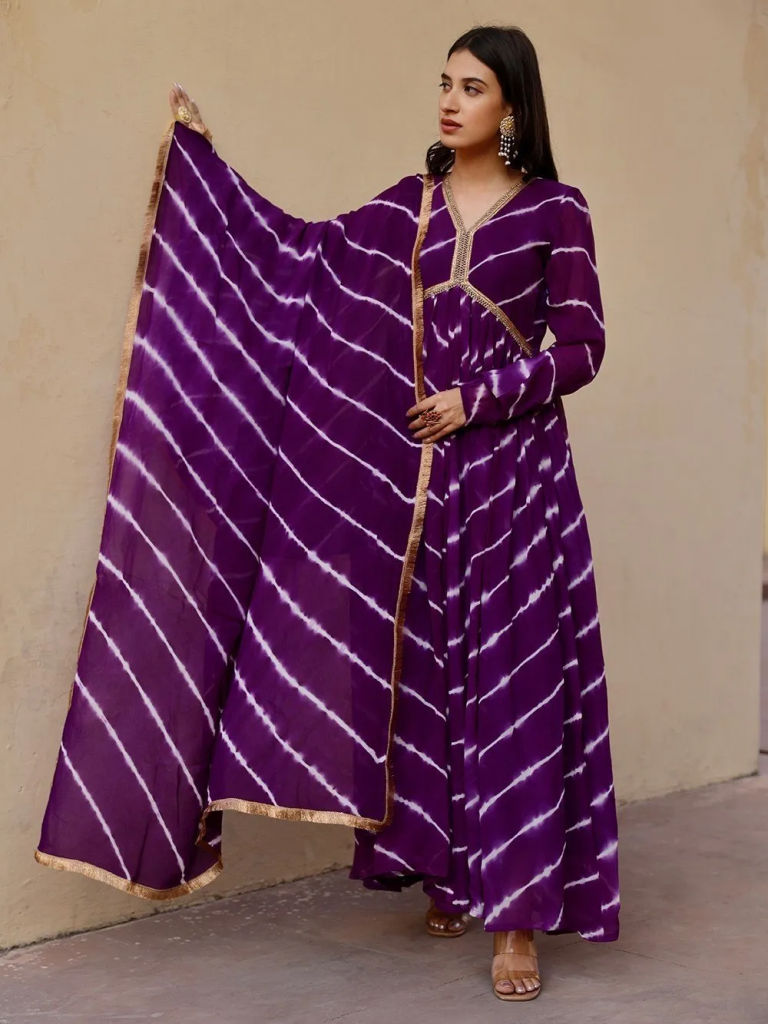 Purple Tie and Dye Georgette Lehariya Anarkali Kurta with Cotton Pants and Dupatta