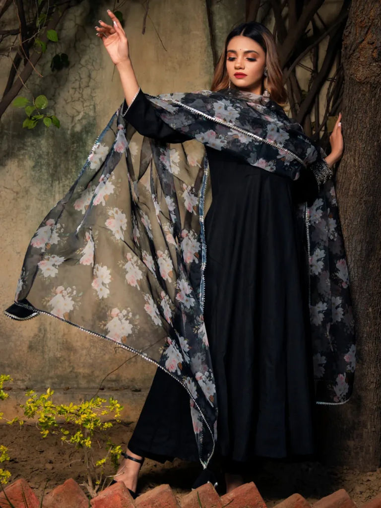 Black Rayon Anarkali Suit with Printed Dupatta