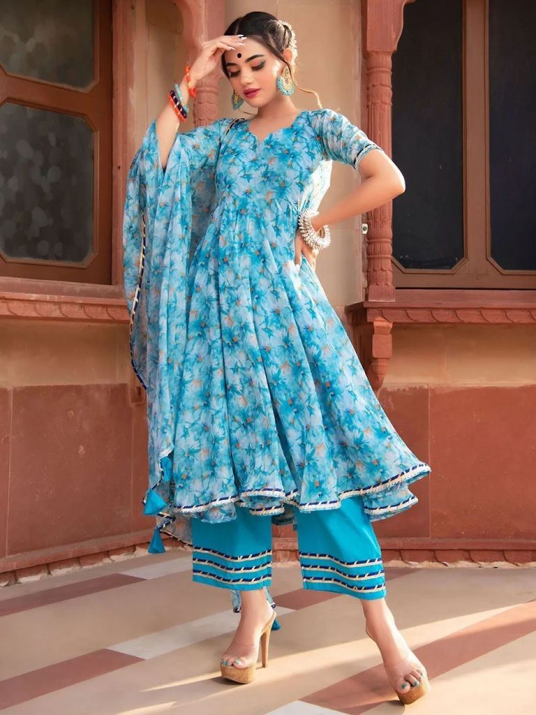 Blue Printed Chiffon Anarkali Suit