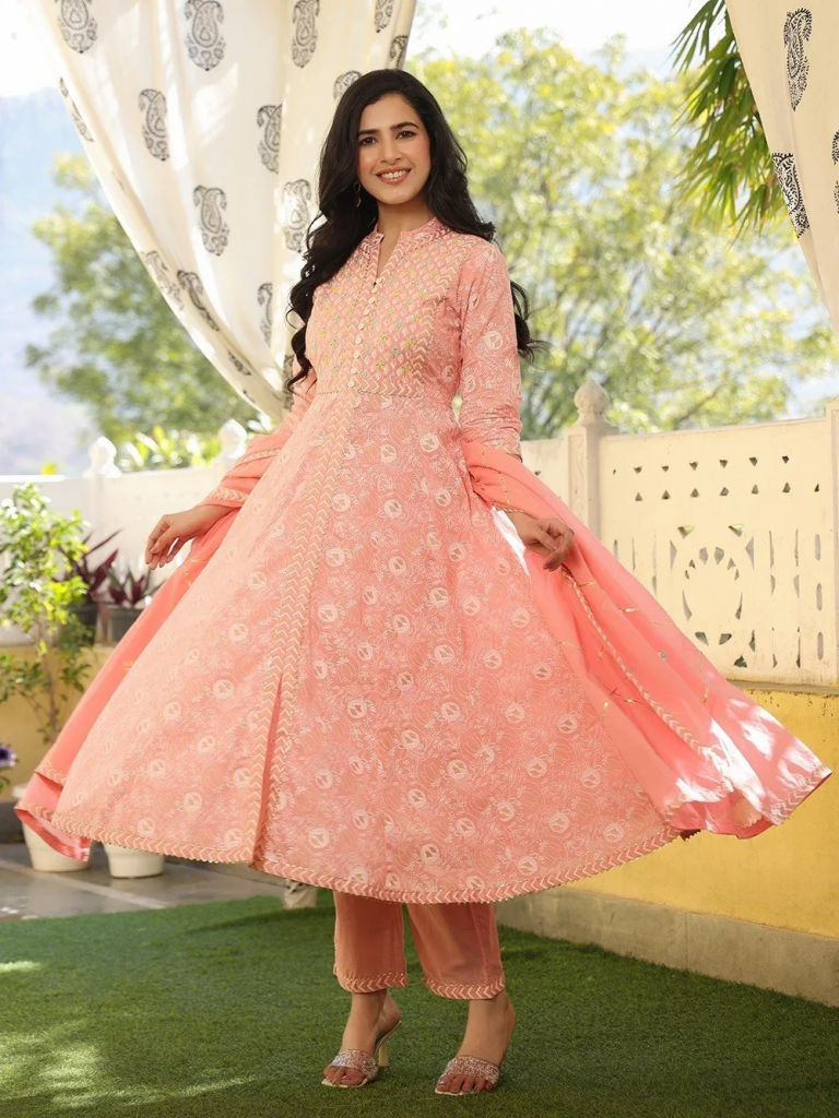 Peach Printed Cotton Hand Embroidered Anarkali Suit with Organza Dupatta