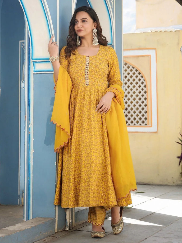 Mustard Yellow Printed Chanderi Embroidered Anarkali Suit with Organza Dupatta