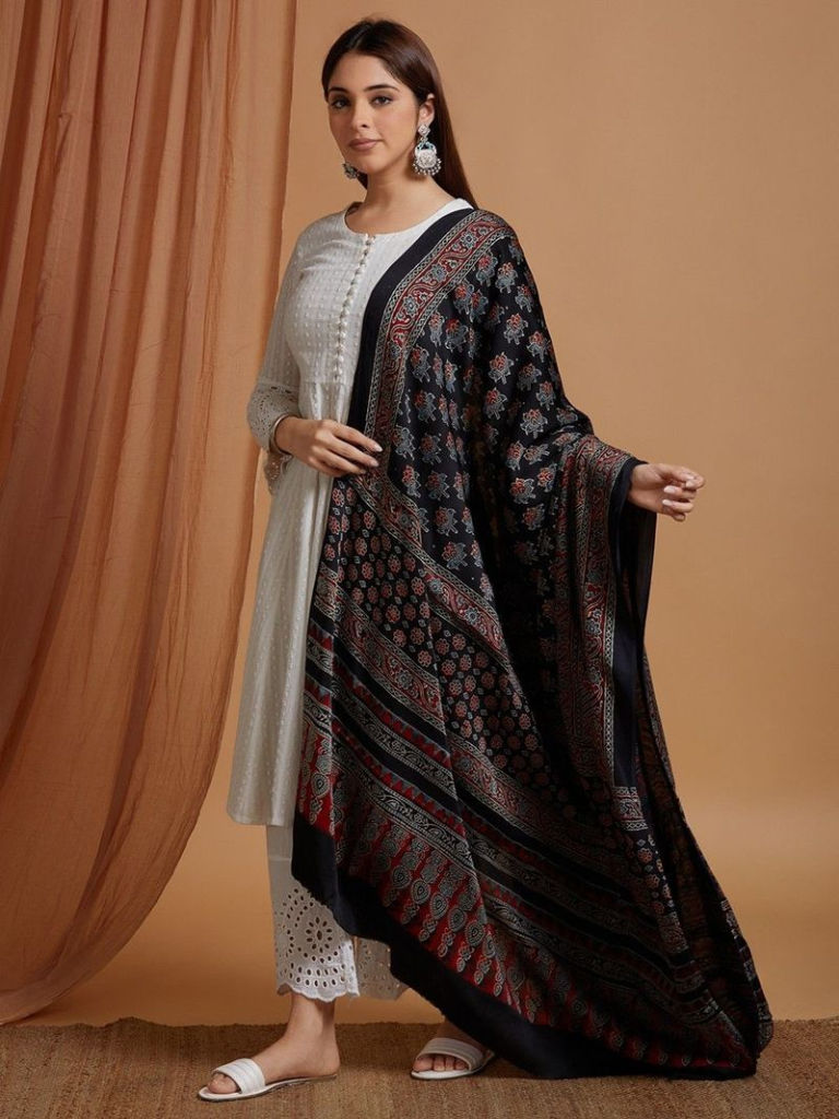 Black Ajrakh Hand Block Printed Modal Dupatta