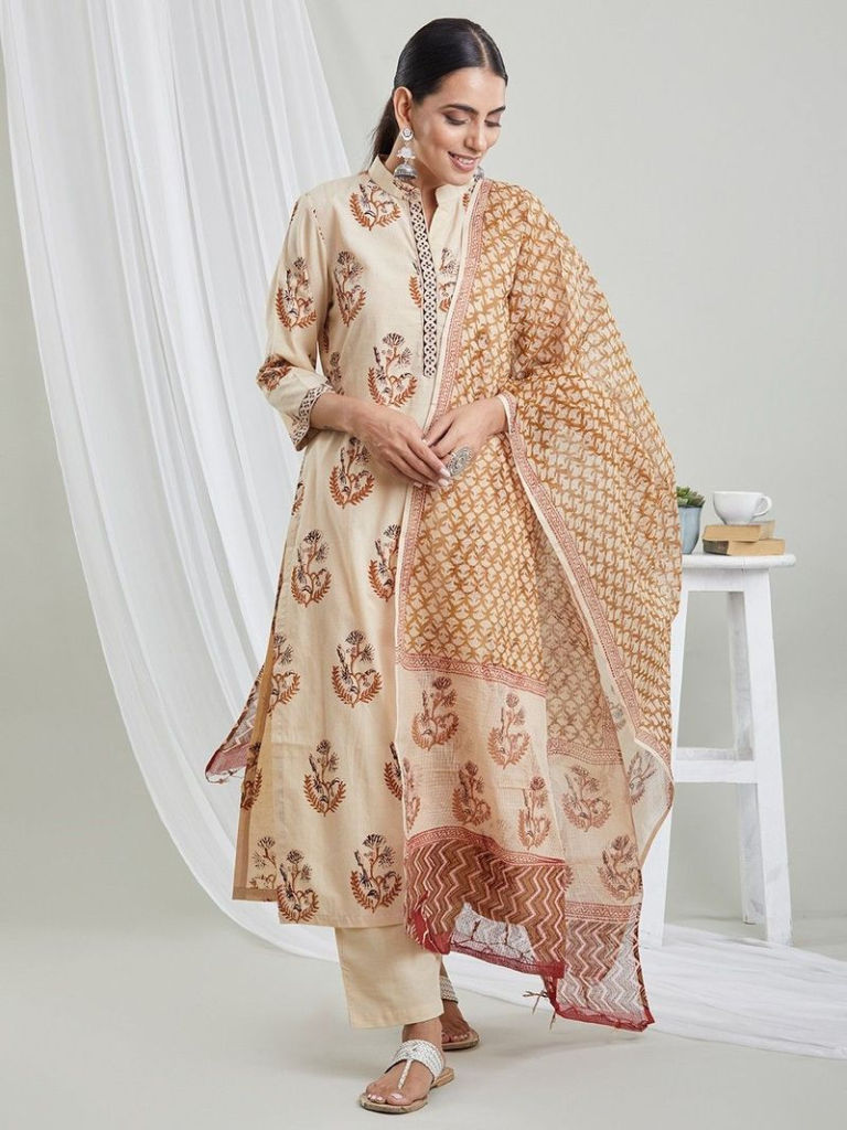 Beige Orange Hand Block Printed Kota Doria Dupatta