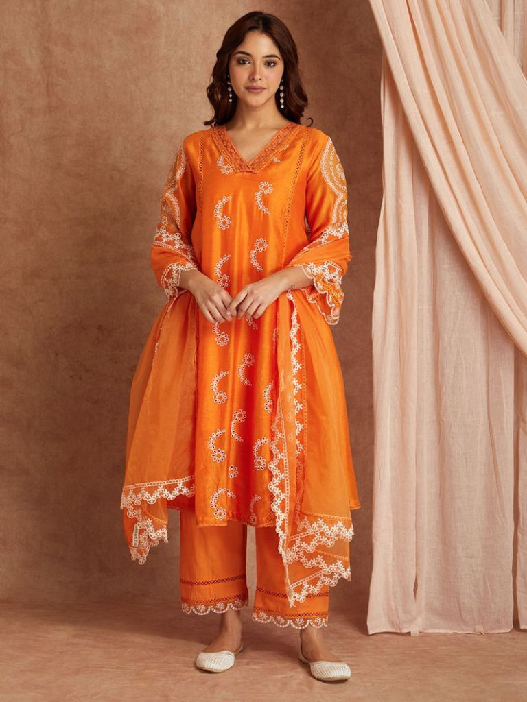 Orange Lace Organza Dupatta