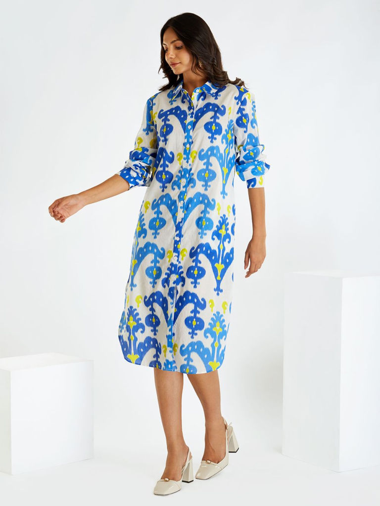 Blue Ikat Printed Cotton Shirt Dress