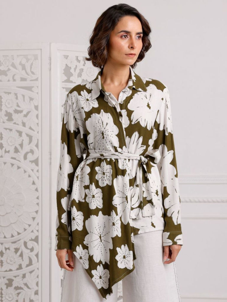 Olive Green Hand Block Printed Viscose Hand Embroidered Draped Shirt