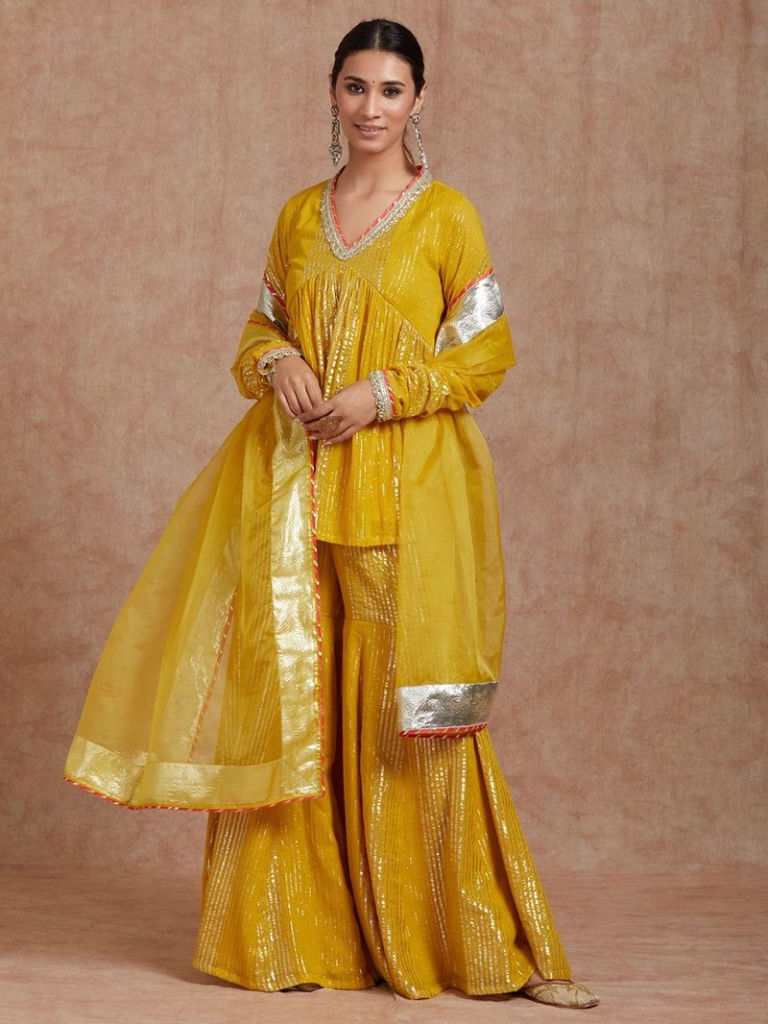 Yellow Cotton Lurex Kurta with Sharara