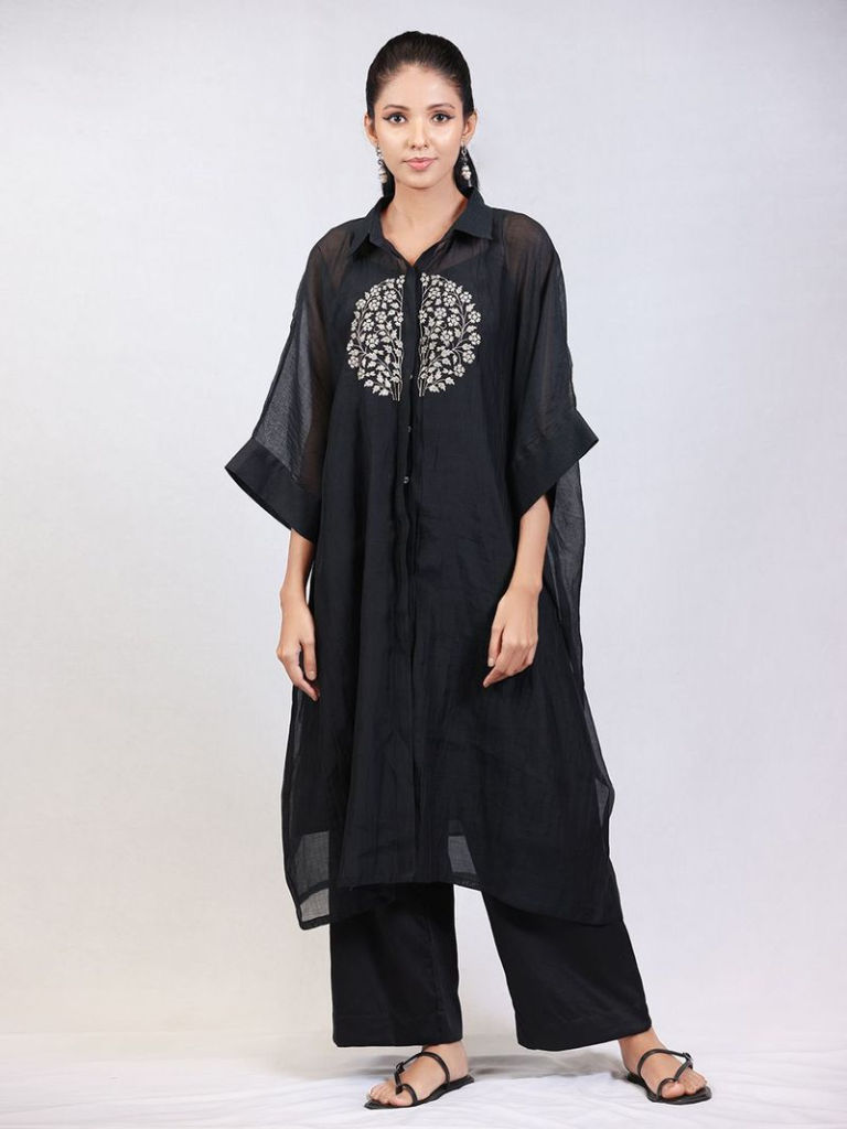 Black Embroidered Chanderi Kaftan with Pants