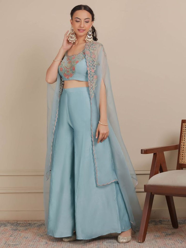 Blue Thread Embroidered Chanderi Silk Blouse with Cape and Sharara