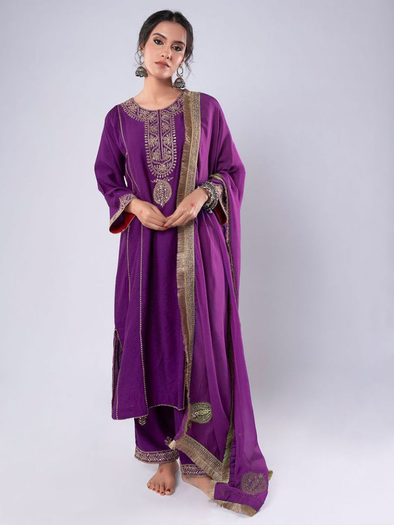 Purple Embroidered Chanderi Kurta