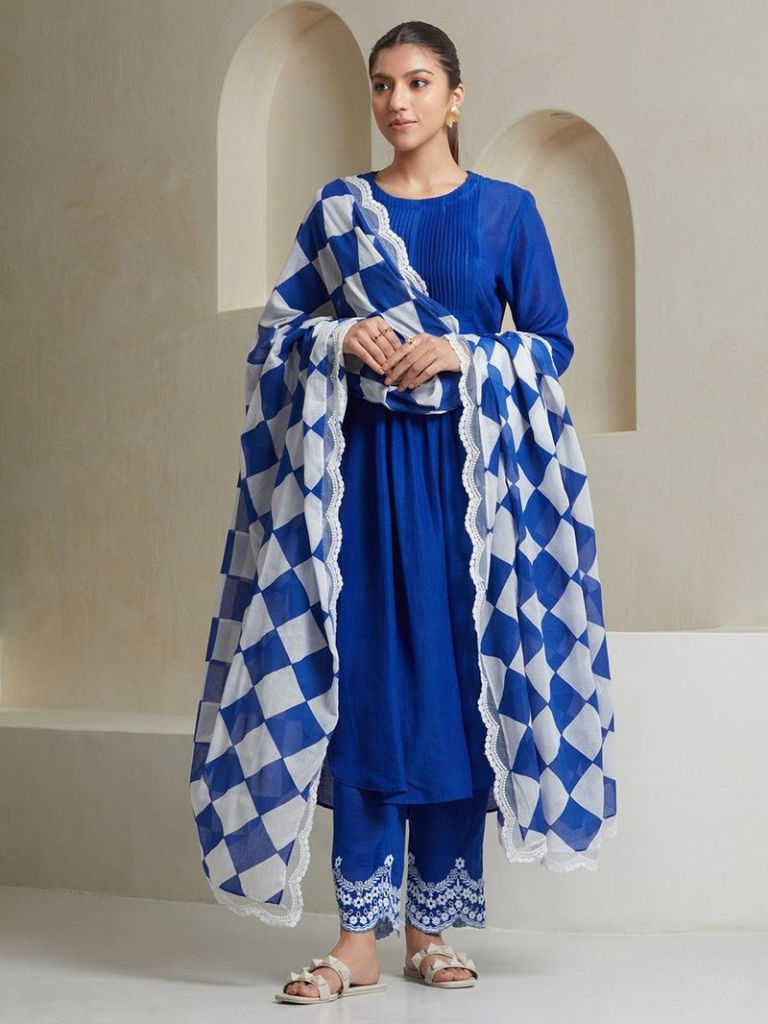 Blue White Printed Mulmul Dupatta