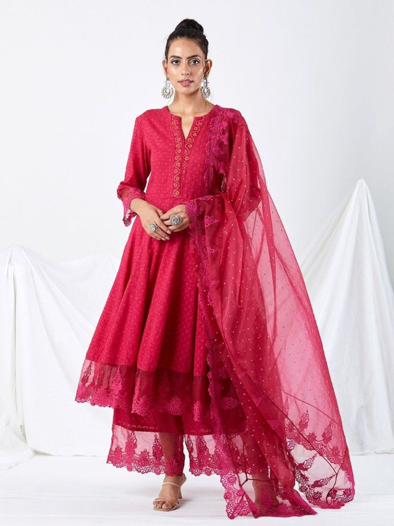 Pink Lace Organza Dupatta