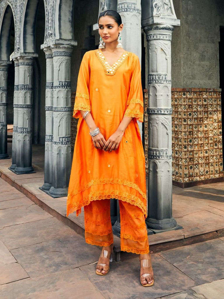 Orange Mirror Work Chanderi Kurta with Pants