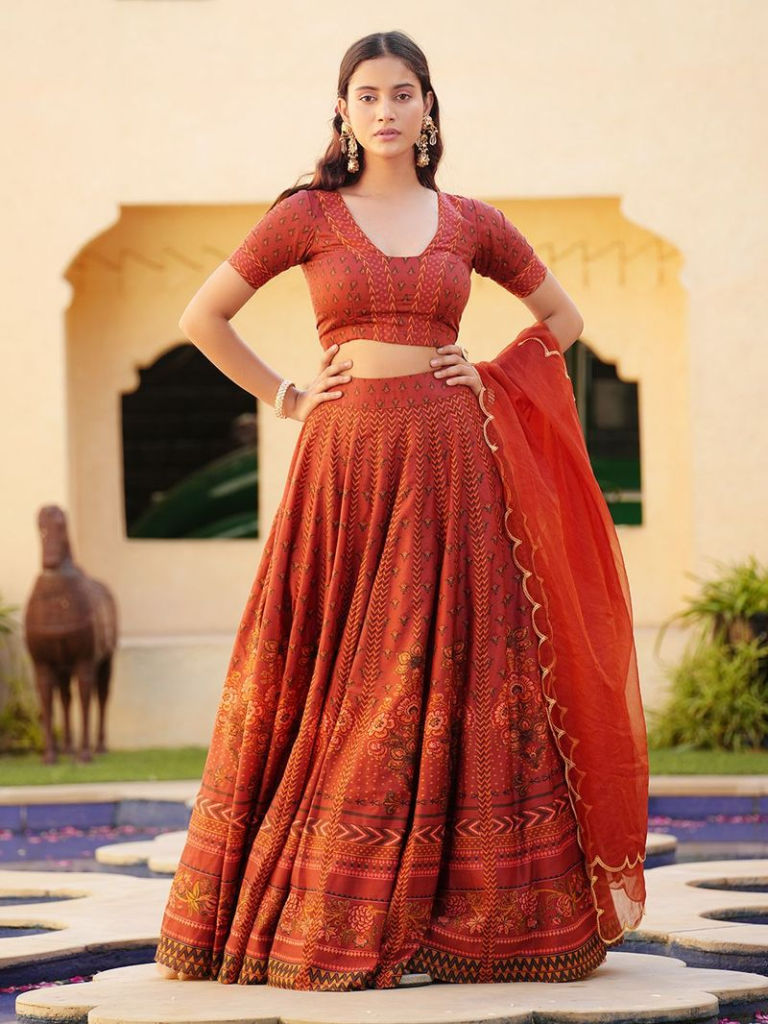 Red Printed Cotton Silk Lehenga