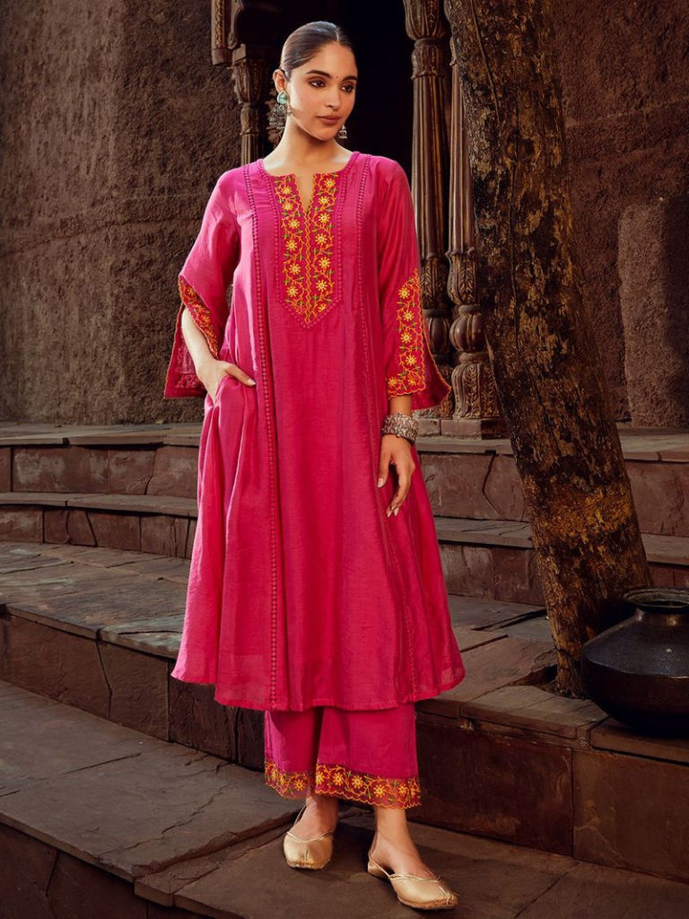 Pink Lace Work Chanderi Kurta with Pants