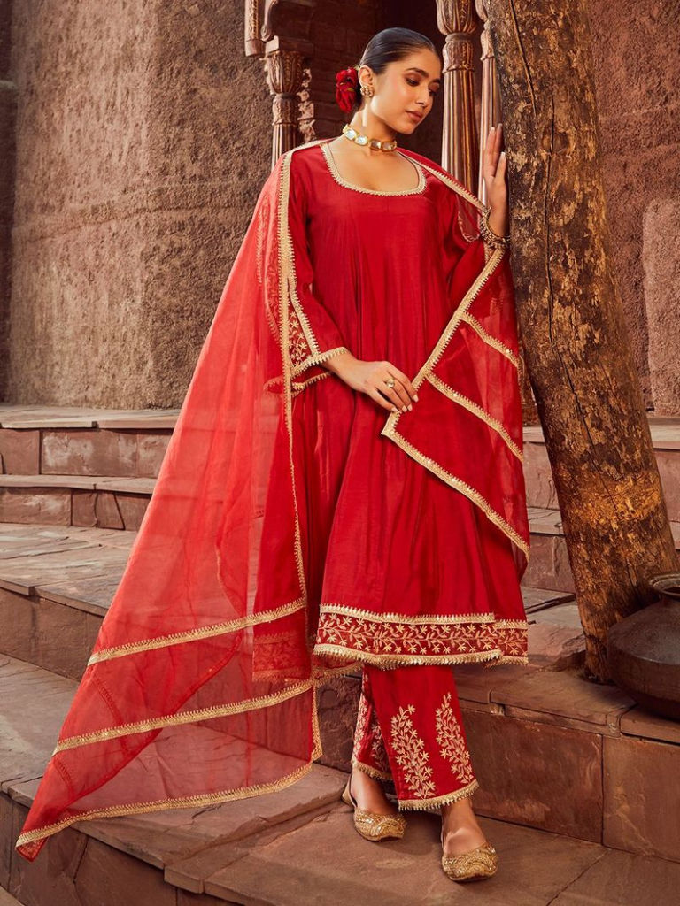 Red Chanderi Embroidered Kurta with Pants