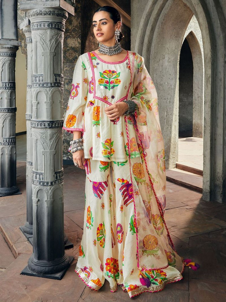 Ivory Printed Chanderi Kurta with Sharara