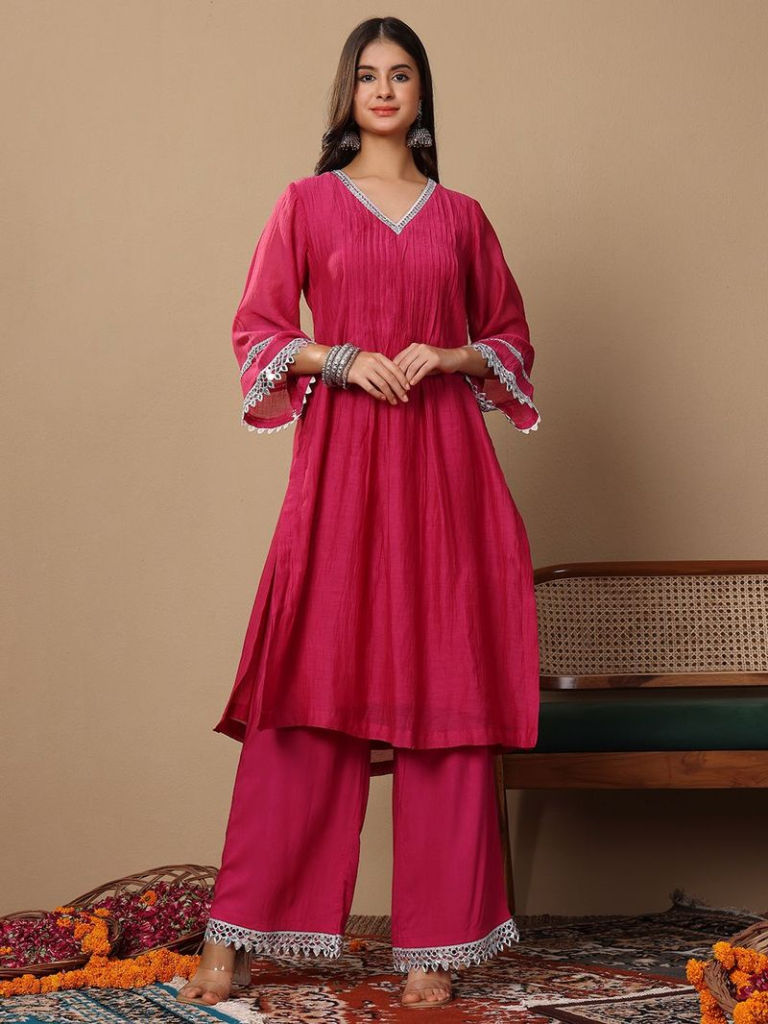 Pink Pintucks Chanderi Mul Lace Work Kurta with Pants