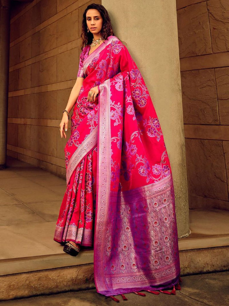 Pink Zari Woven Banarasi Silk Blend Saree