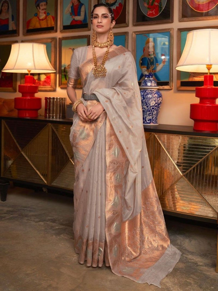 Grey Zari Organza Silk Saree