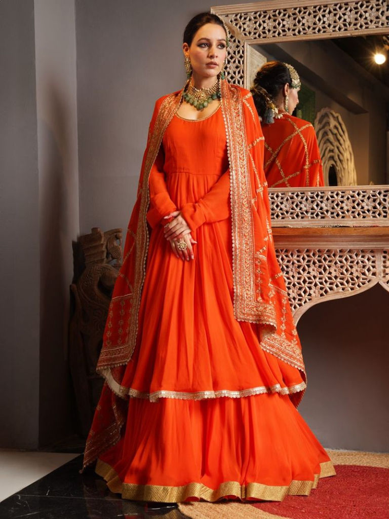 Orange Embroidered Georgette Suit