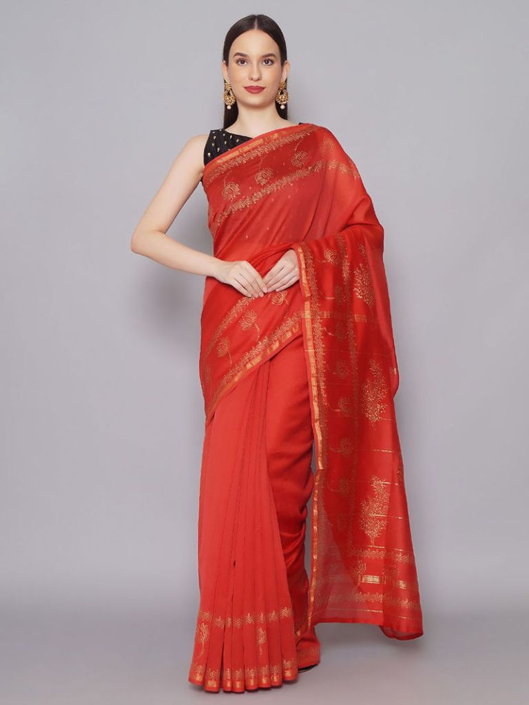 Red Hand Block Printed Chanderi Saree