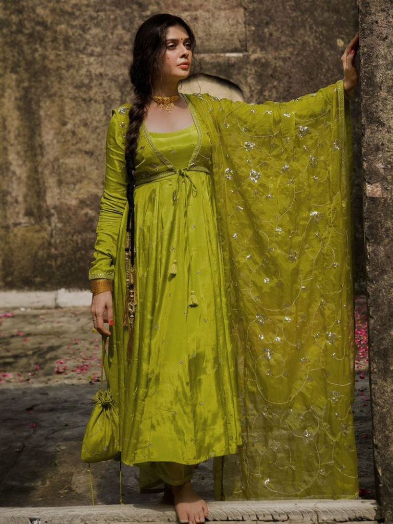 Lime Green Embroidered Silk Suit