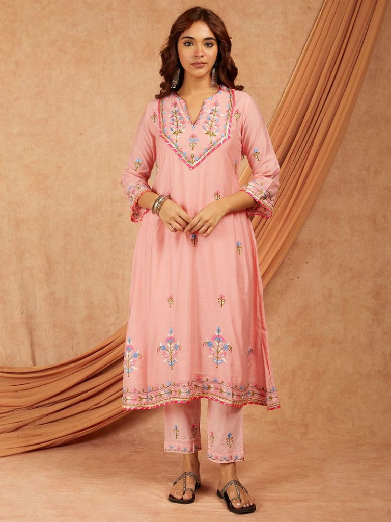 Pink Aari Embroidered Viscose Chanderi Kurta with Pants