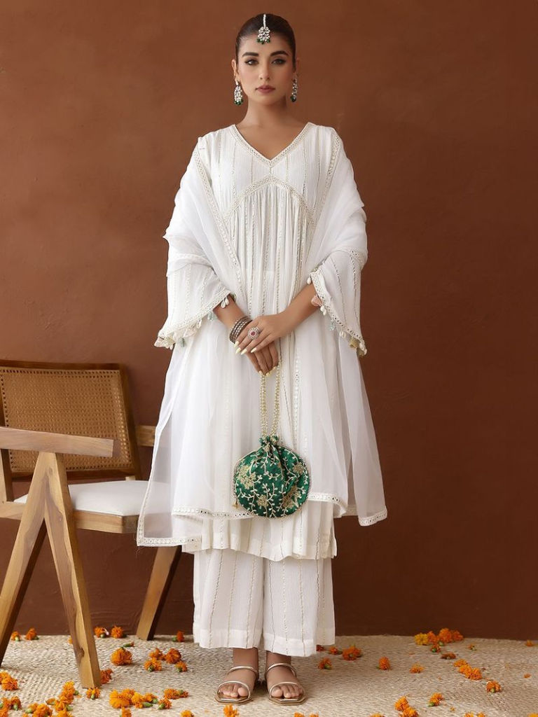 Ivory Cotton lurex Crinkled Kurta with Pants