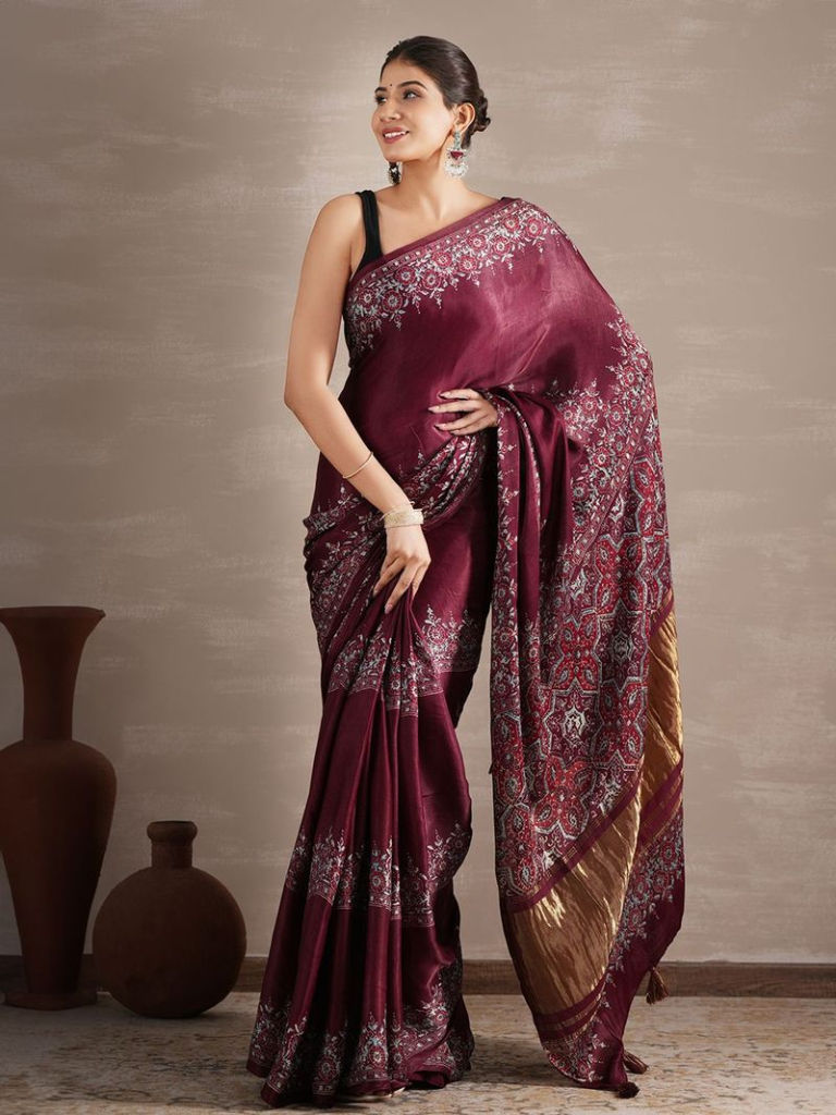 Wine Hand Block Printed Modal Tissue Saree