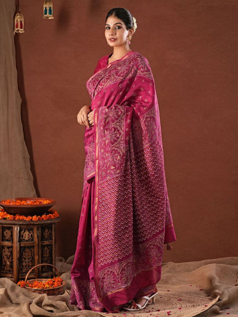 Pink Hand Block Printed Chanderi Silk Saree