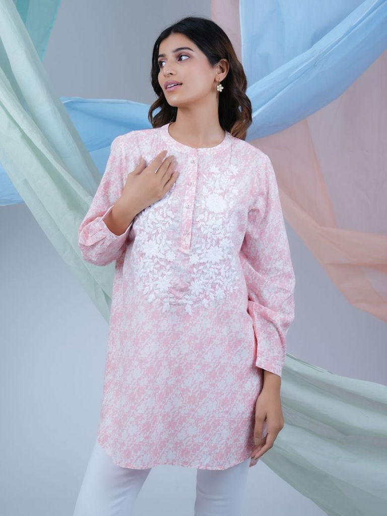 Pink Printed Cotton Embroidered Tunic