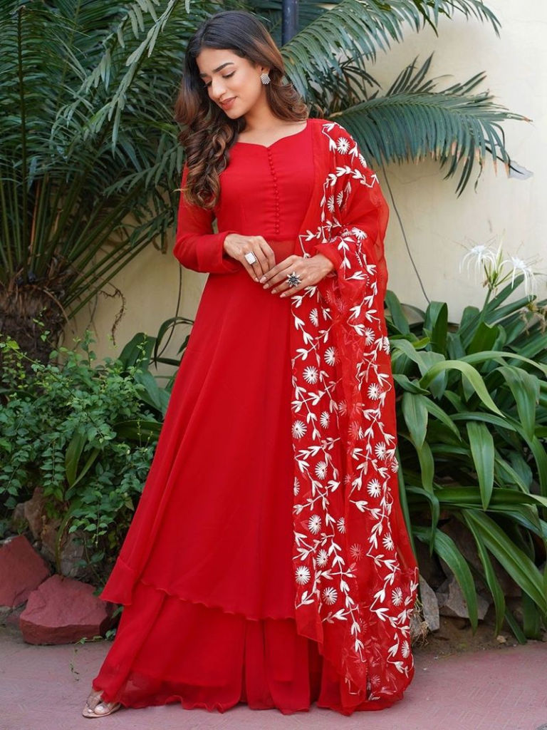 Red Chiffon Sharara Suit with Embroidered Dupatta