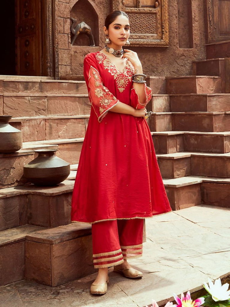 Red Dori Embroidered Chanderi Kurta with Pants