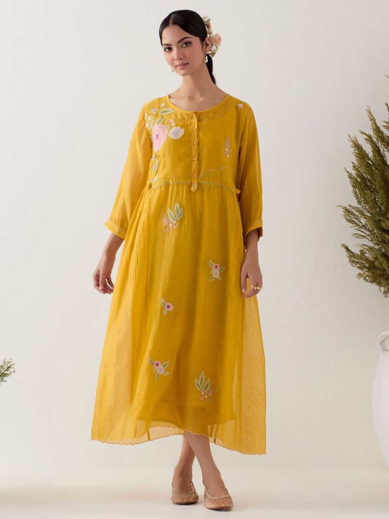 Mustard Yellow Applique Work Chanderi Dress with Slip