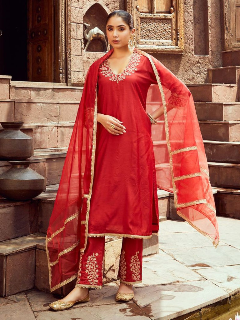 Red Chanderi Embroidered Kurta with Pants