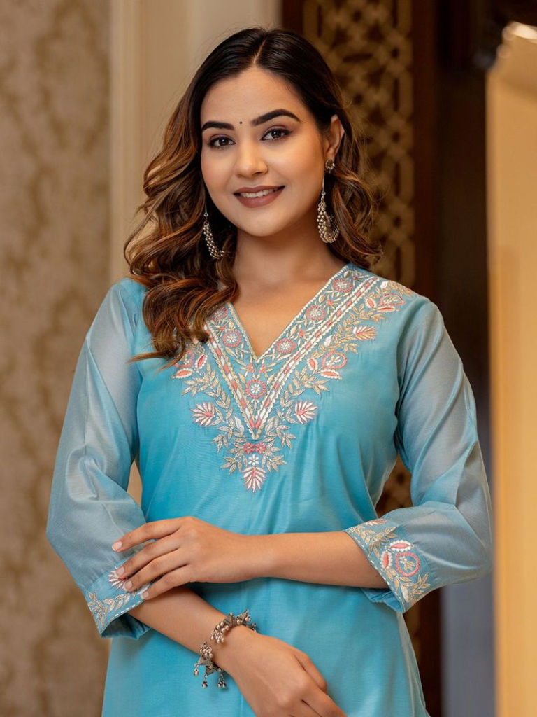 Sky Blue Embroidered Chanderi Kurta with Pants