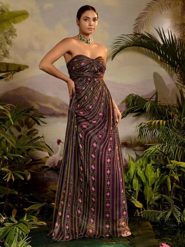 Purple Printed Chiffon Lurex Dress