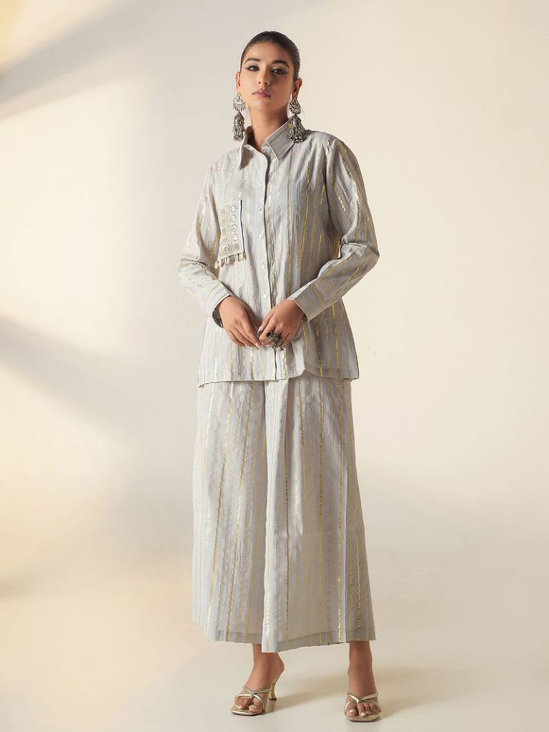 Grey Embroidered Cotton Lurex Co-ord Set