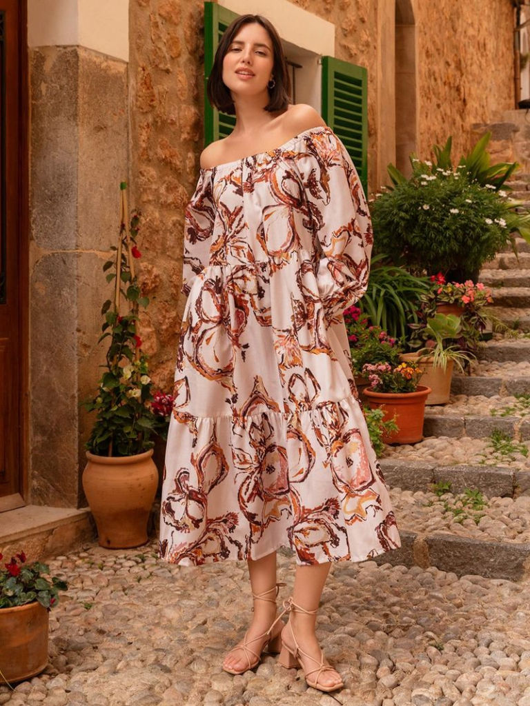 Beige Brown Printed Cotton Linen Off Shoulder Dress