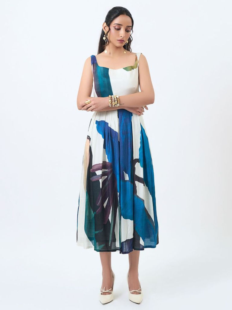 White Blue Printed Viscose Muslin Dress