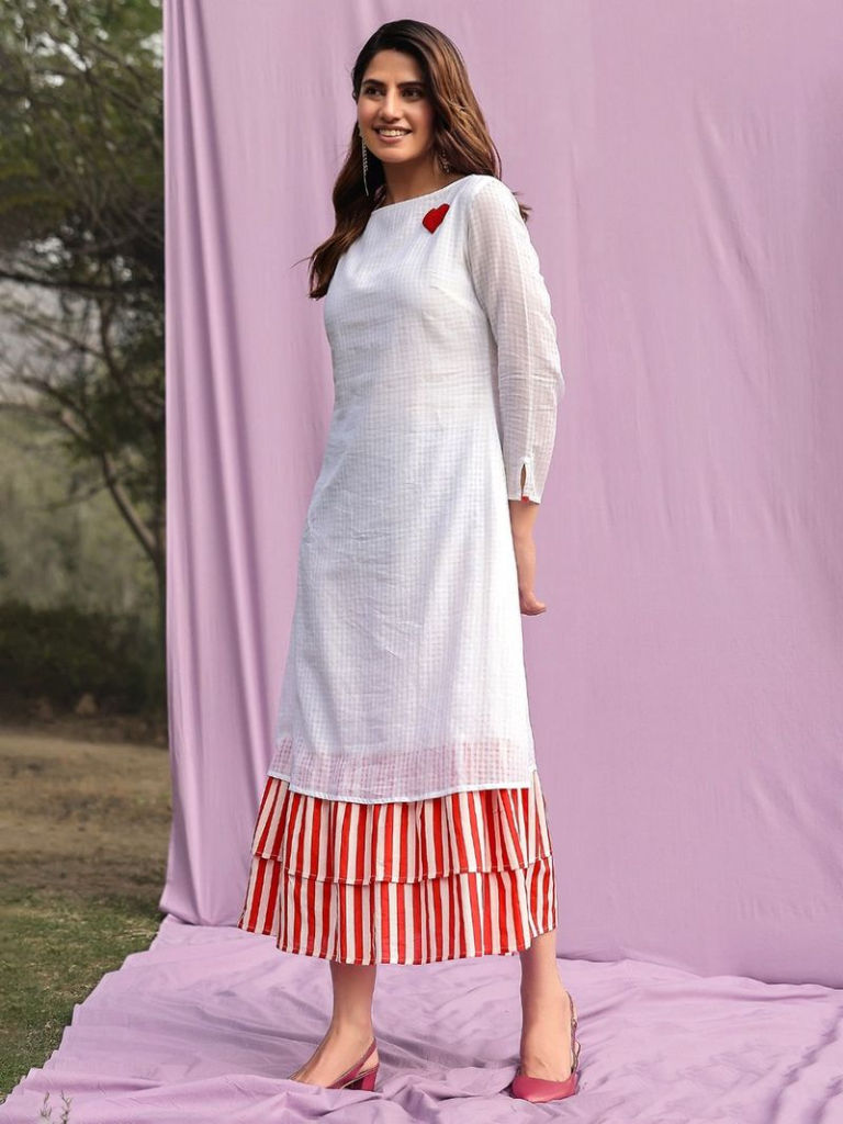 White Hand Embroidered Cotton Jacquard Dress