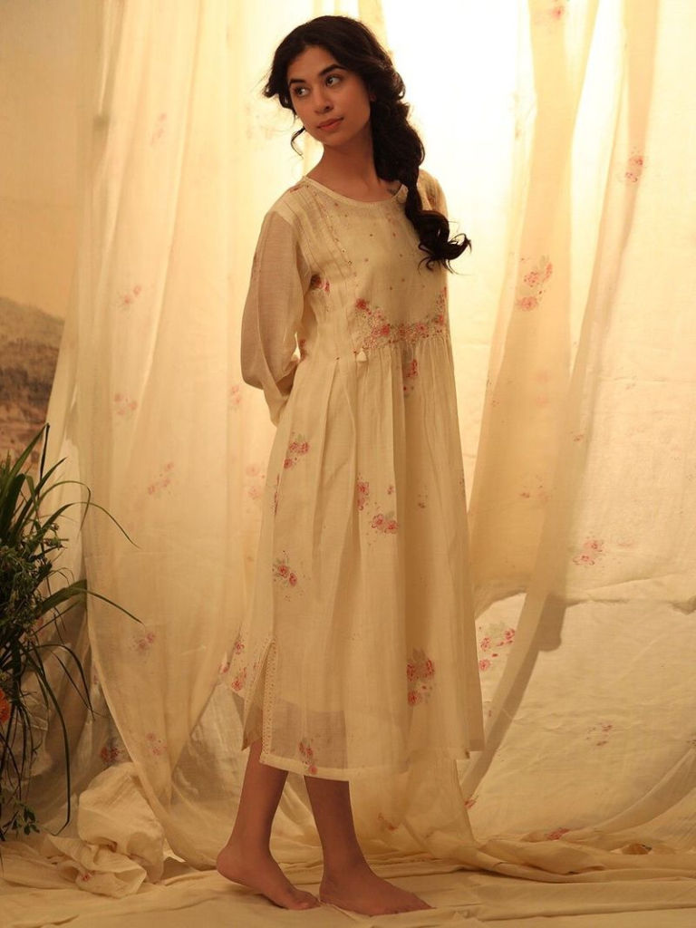 Ivory Pink Embroidered Chanderi Dress with Slip