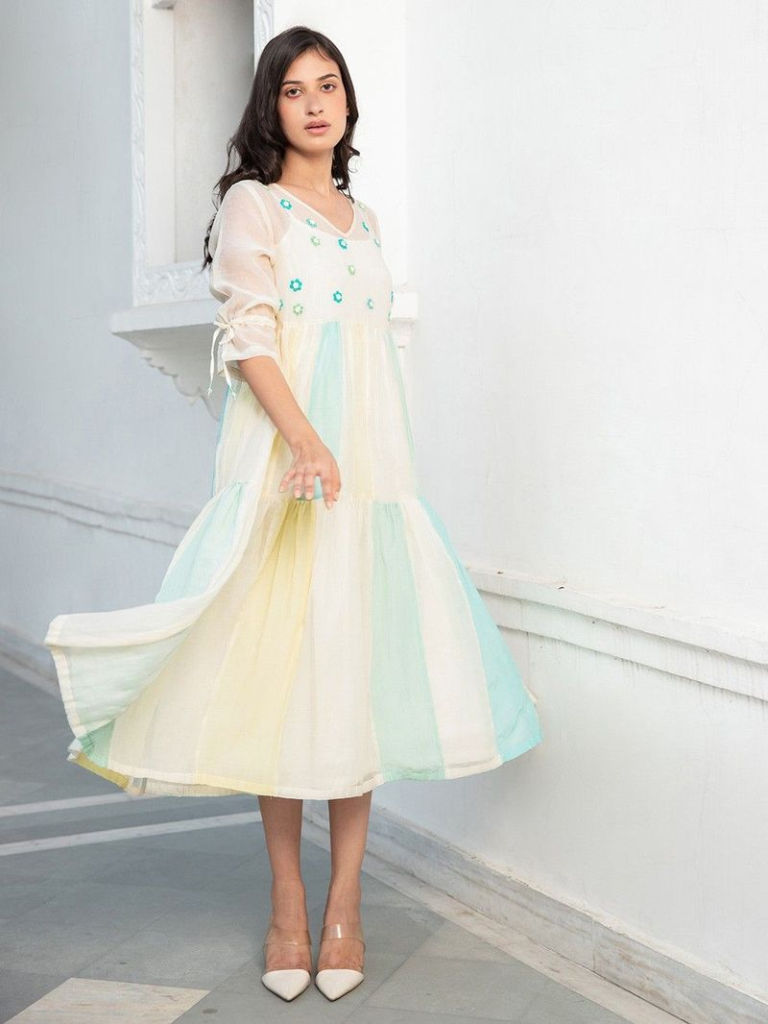 Ivory Aqua Blue Hand Embroidered Chanderi Dress with Cotton Lurex Slip