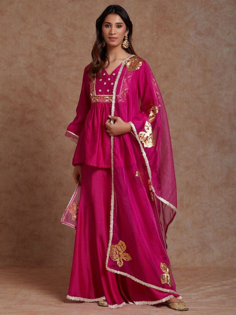 Pink Embroidered Chanderi Kurta with Sharara