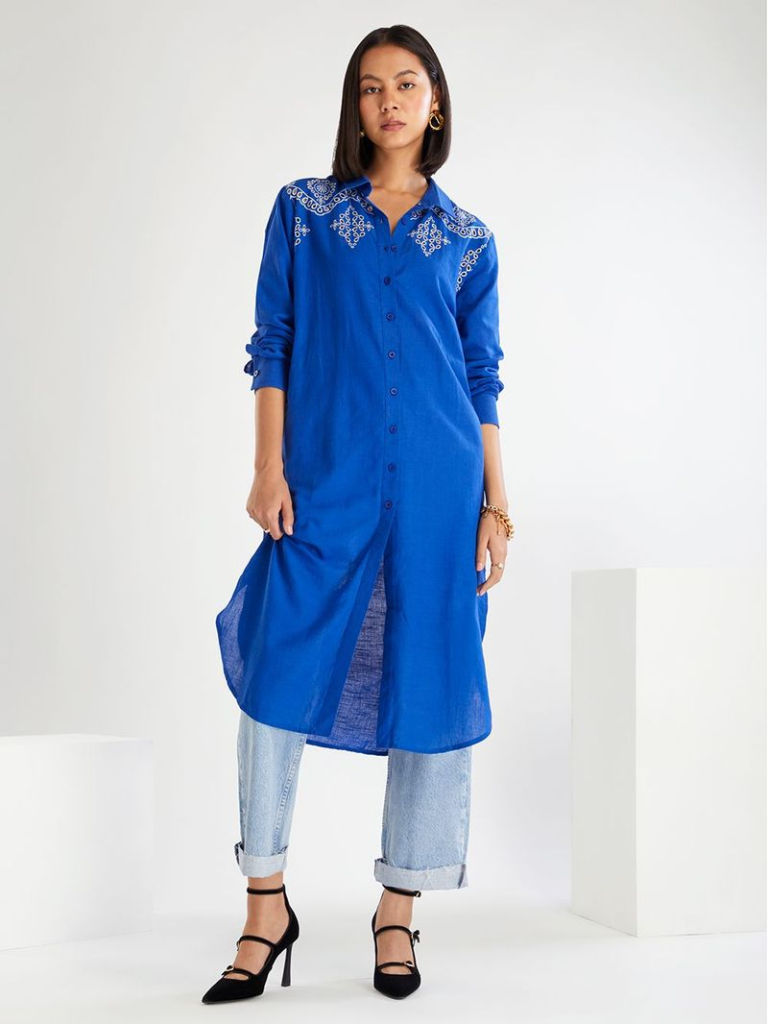 Blue Embroidered Poplin Shirt Dress