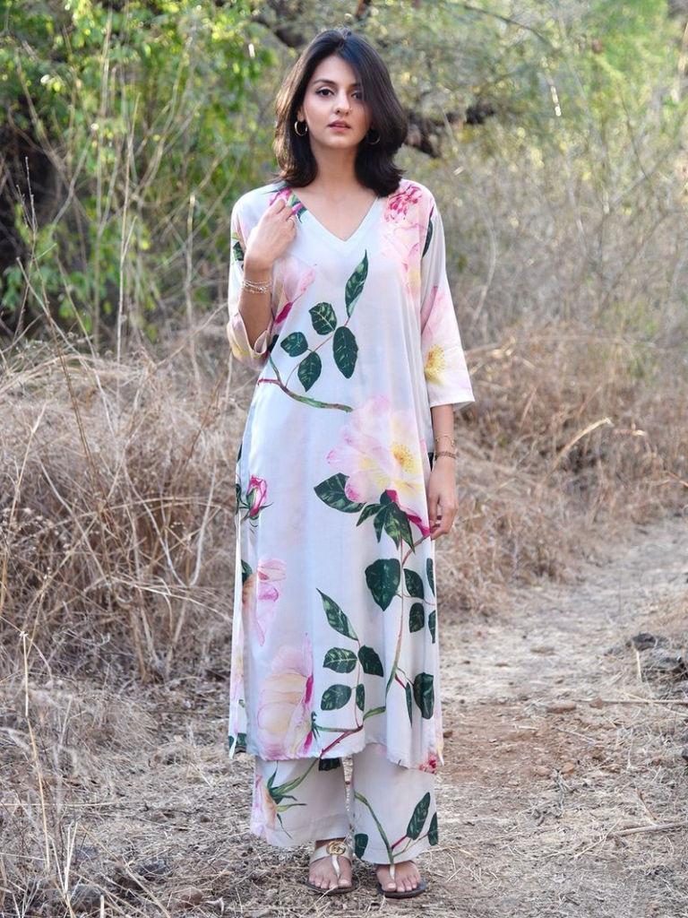 Powder Blue Printed Modal Kurta