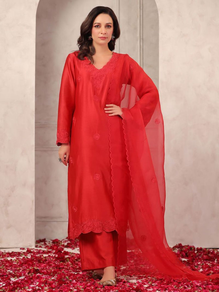 Red Embroidered Chanderi Suit Set