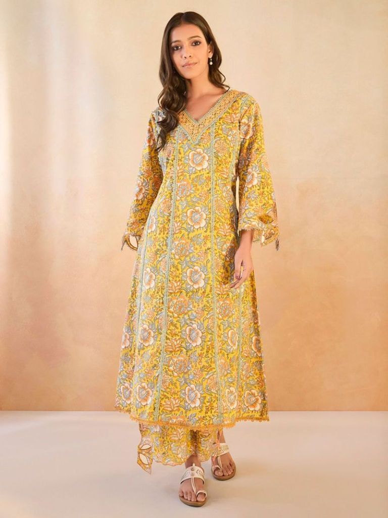 Yellow Printed Cotton Cutwork Kurta