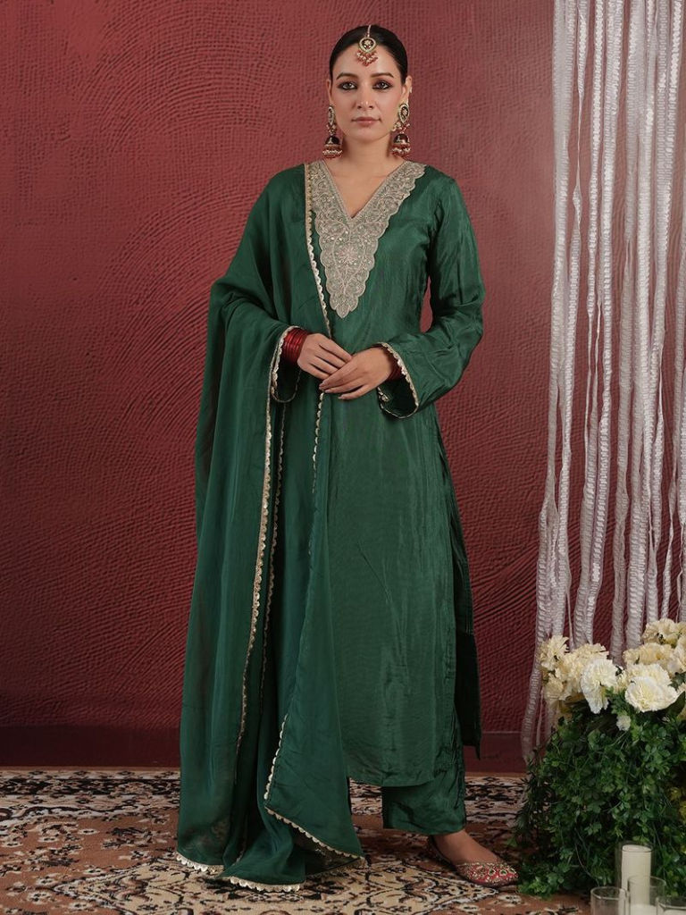 Bottle Green Zari Gota Work Silk Blend Suit